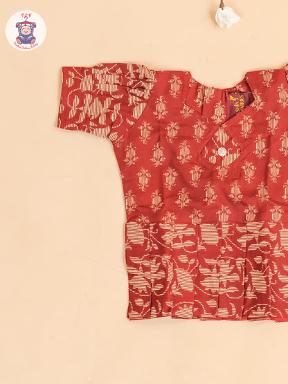 Maroon Floral Printed - Girls Readymade Cotton Pavadai Sattai