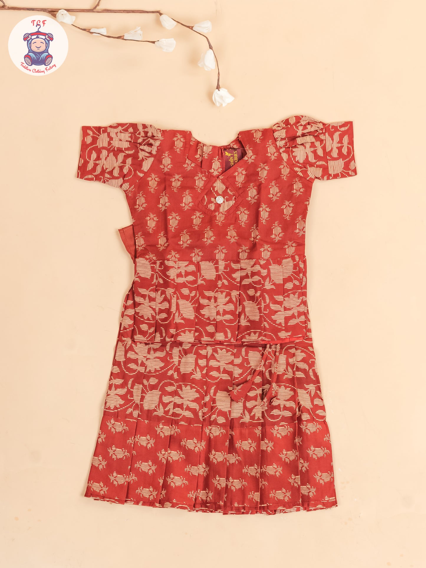 Maroon Floral Printed - Girls Readymade Cotton Pavadai Sattai