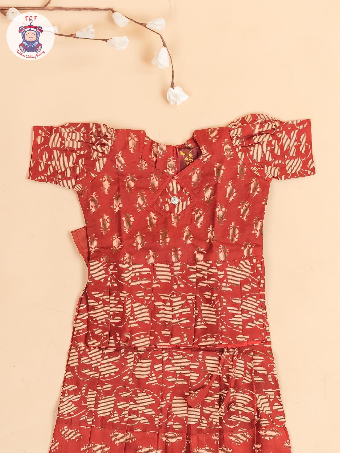 Maroon Floral Printed - Girls Readymade Cotton Pavadai Sattai