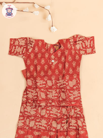 Maroon Floral Printed - Girls Readymade Cotton Pavadai Sattai