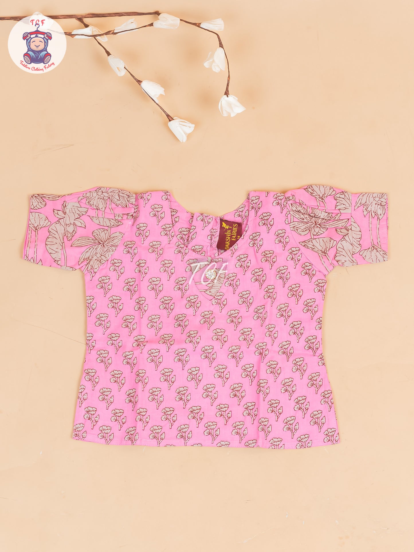 Baby Pink & Grey Floral Printed - Girls Readymade Cotton Pavadai Sattai