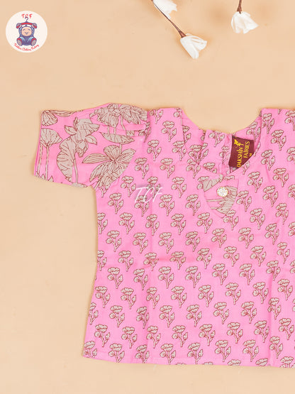 Baby Pink & Grey Floral Printed - Girls Readymade Cotton Pavadai Sattai