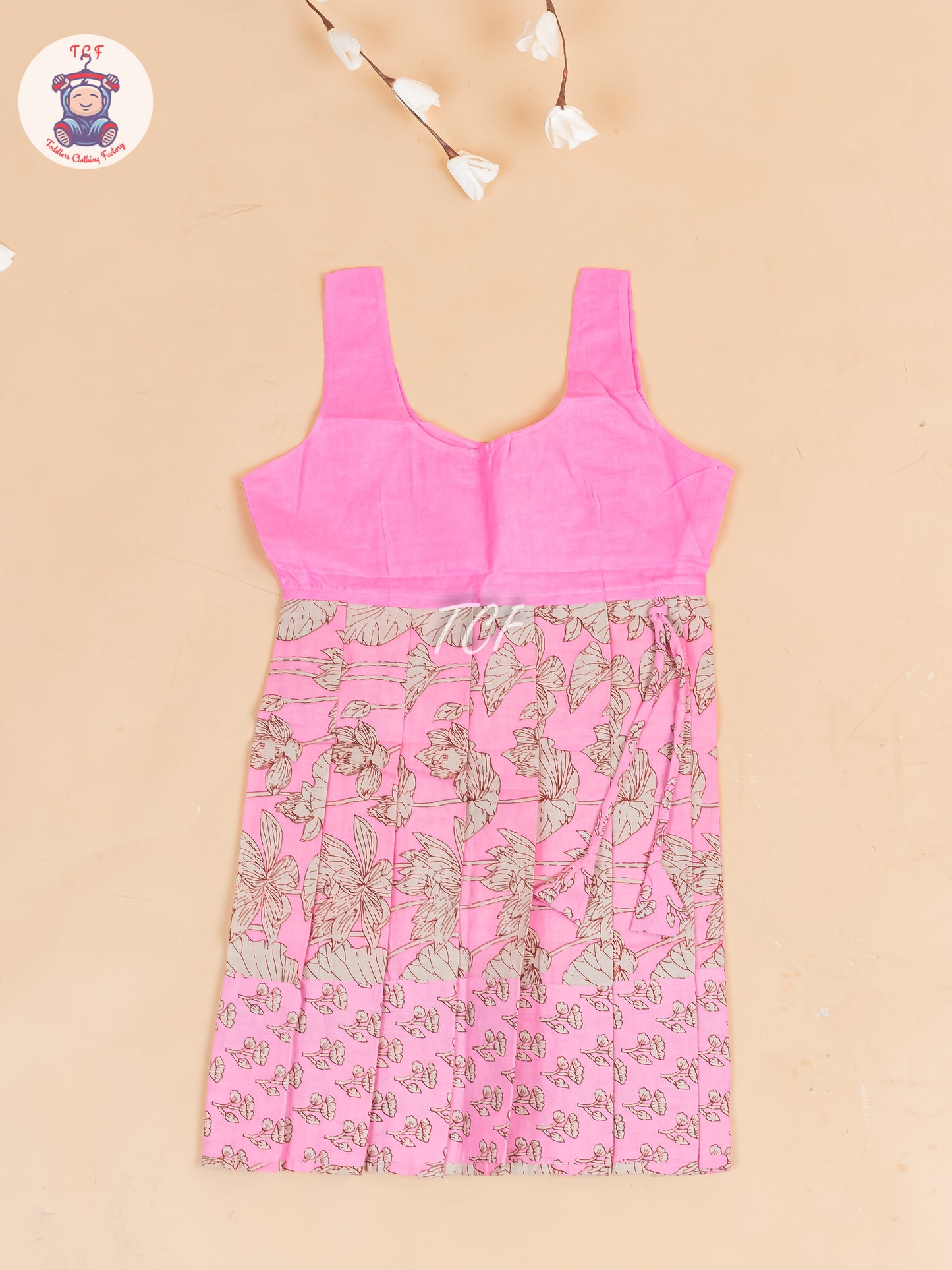Baby Pink & Grey Floral Printed - Girls Readymade Cotton Pavadai Sattai