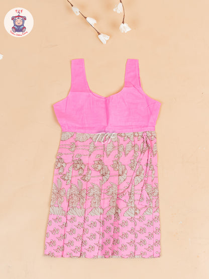 Baby Pink & Grey Floral Printed - Girls Readymade Cotton Pavadai Sattai