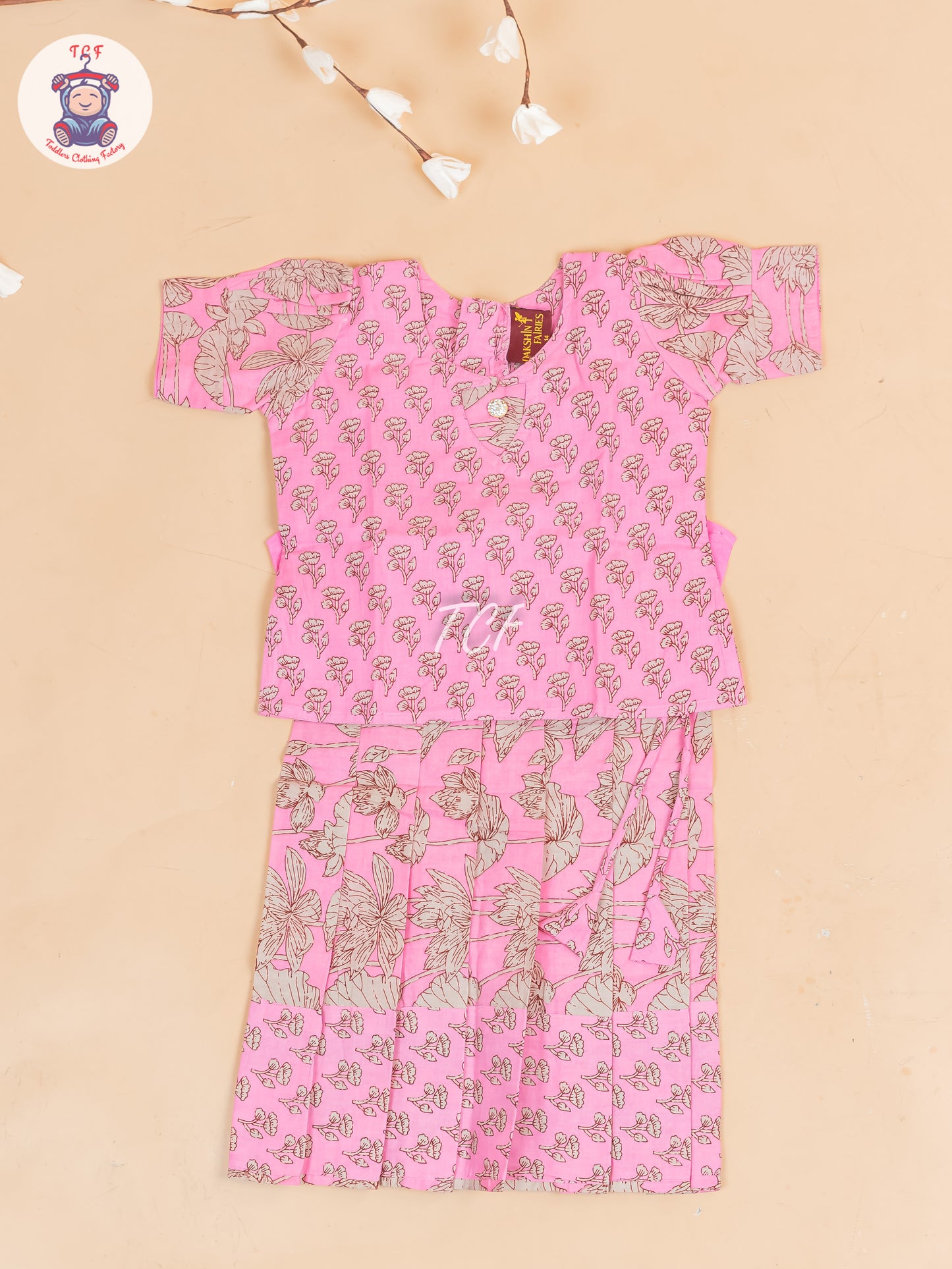 Baby Pink & Grey Floral Printed - Girls Readymade Cotton Pavadai Sattai