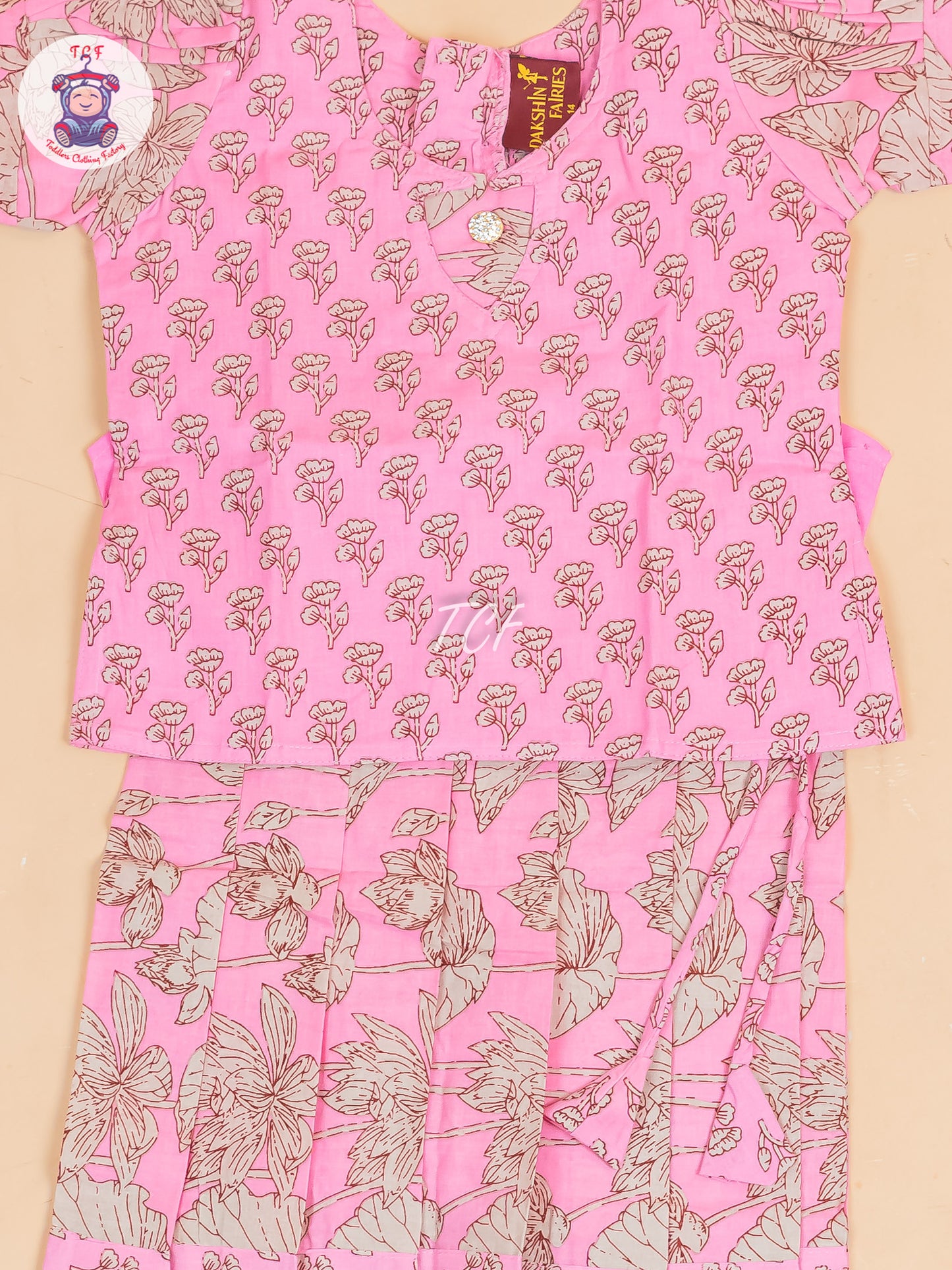 Baby Pink & Grey Floral Printed - Girls Readymade Cotton Pavadai Sattai