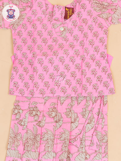 Baby Pink & Grey Floral Printed - Girls Readymade Cotton Pavadai Sattai