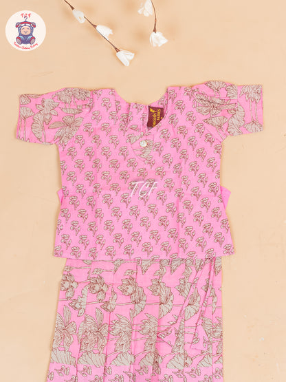 Baby Pink & Grey Floral Printed - Girls Readymade Cotton Pavadai Sattai