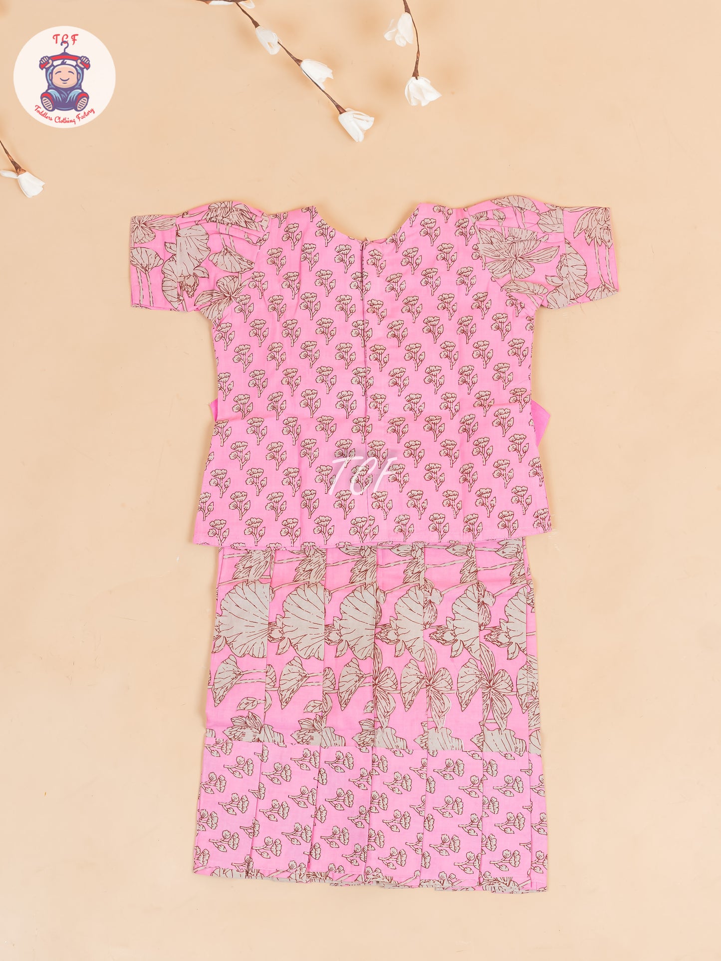 Baby Pink & Grey Floral Printed - Girls Readymade Cotton Pavadai Sattai