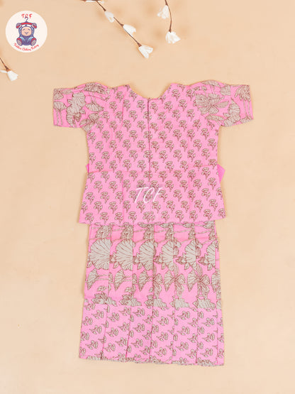 Baby Pink & Grey Floral Printed - Girls Readymade Cotton Pavadai Sattai