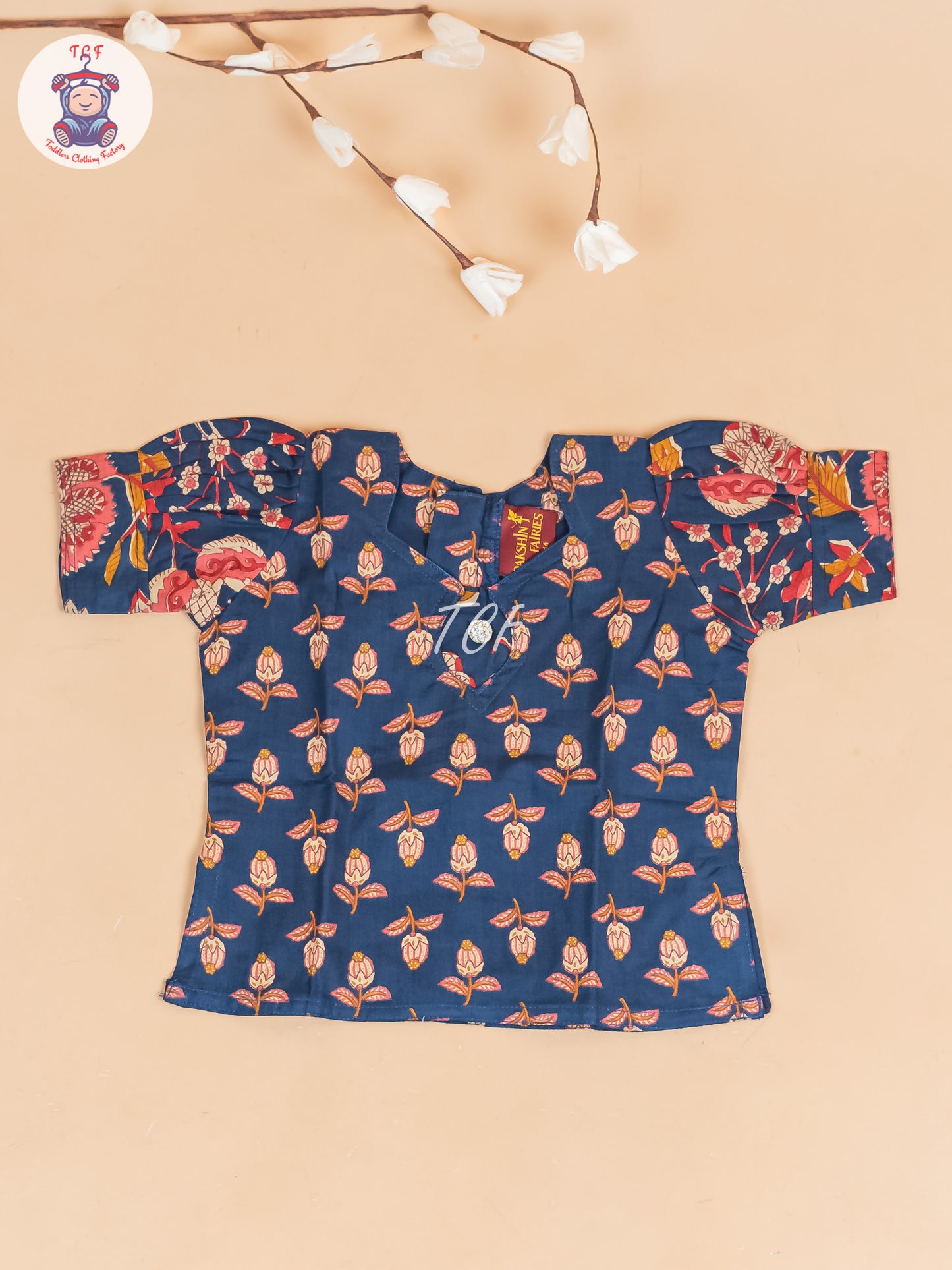 Navy Blue Floral Printed - Girls Readymade Cotton Pavadai Sattai
