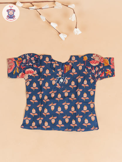 Navy Blue Floral Printed - Girls Readymade Cotton Pavadai Sattai