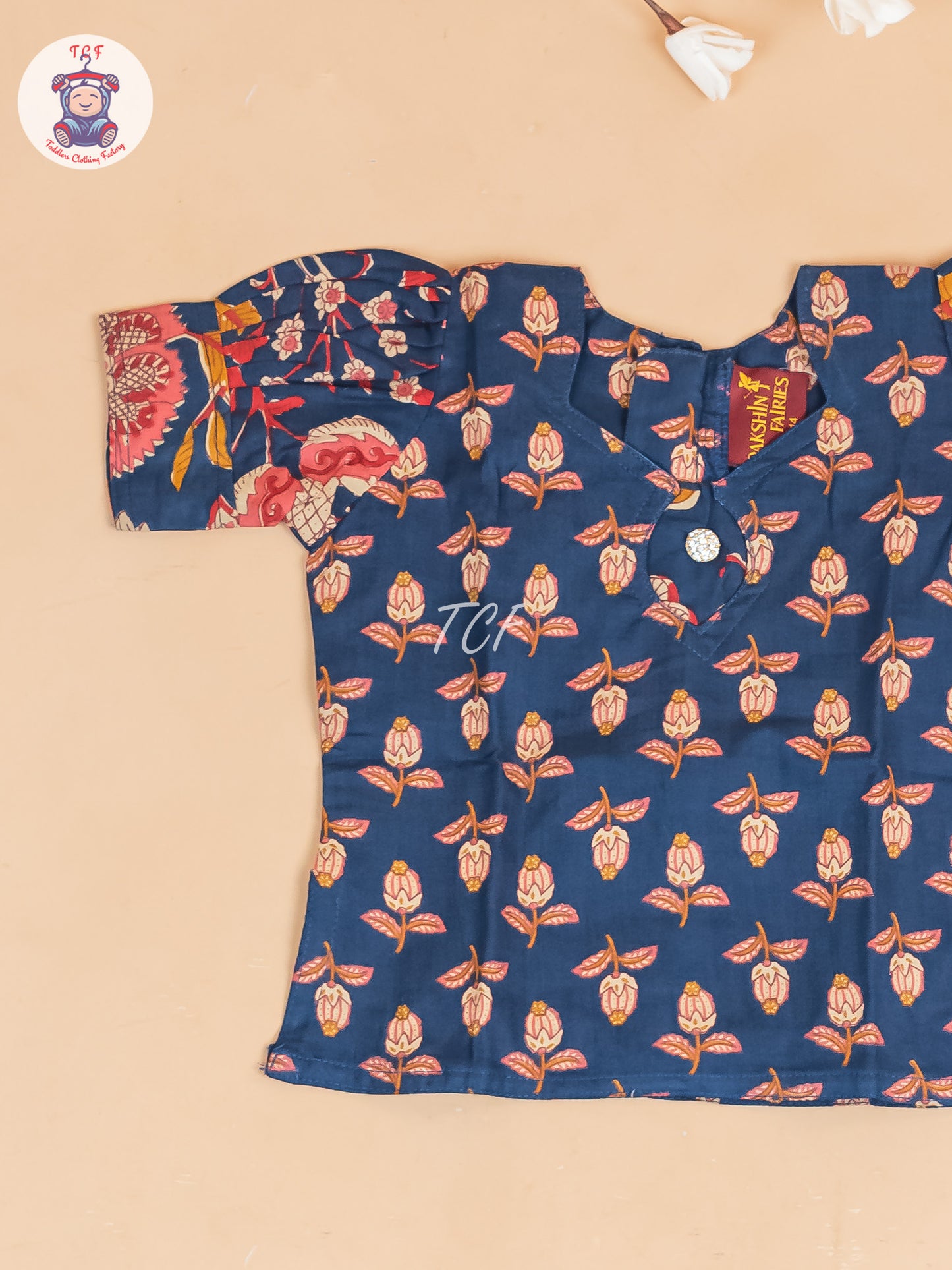 Navy Blue Floral Printed - Girls Readymade Cotton Pavadai Sattai