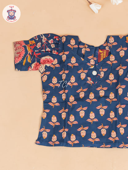 Navy Blue Floral Printed - Girls Readymade Cotton Pavadai Sattai