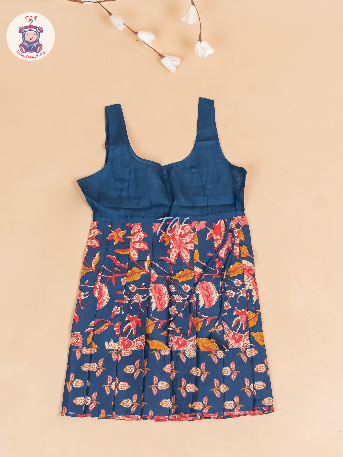 Navy Blue Floral Printed - Girls Readymade Cotton Pavadai Sattai
