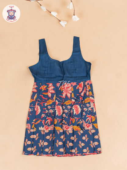 Navy Blue Floral Printed - Girls Readymade Cotton Pavadai Sattai
