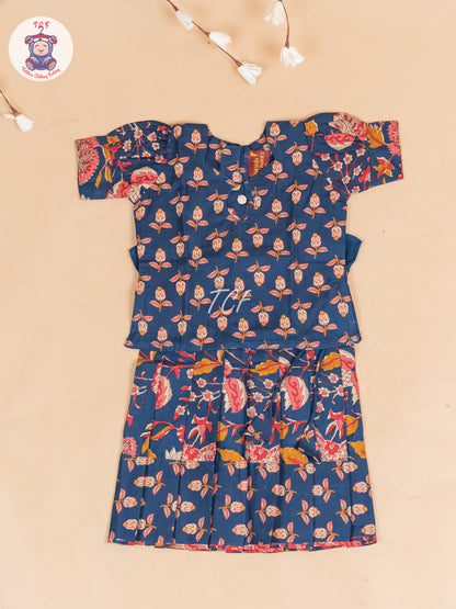 Navy Blue Floral Printed - Girls Readymade Cotton Pavadai Sattai