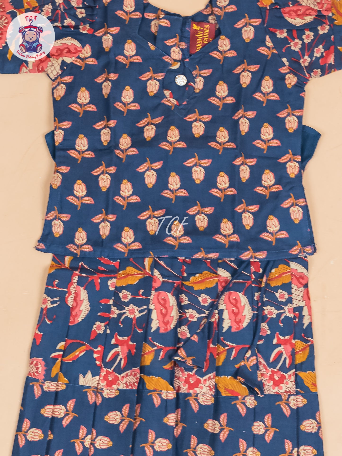 Navy Blue Floral Printed - Girls Readymade Cotton Pavadai Sattai