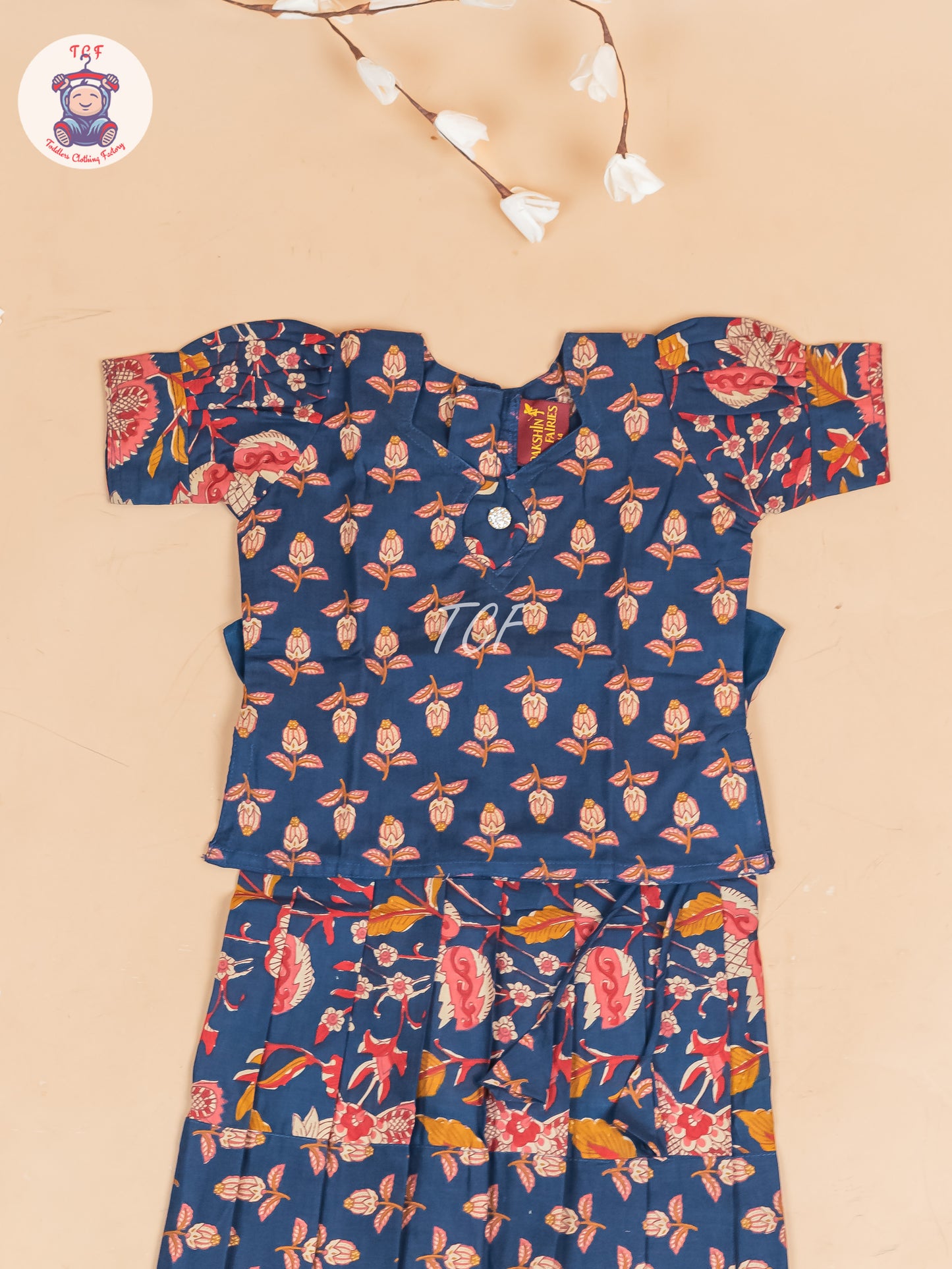 Navy Blue Floral Printed - Girls Readymade Cotton Pavadai Sattai