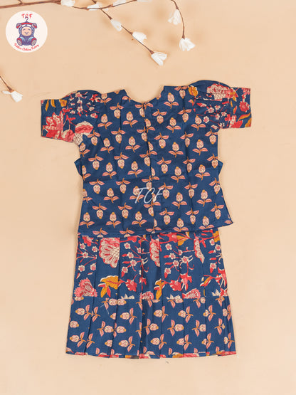 Navy Blue Floral Printed - Girls Readymade Cotton Pavadai Sattai