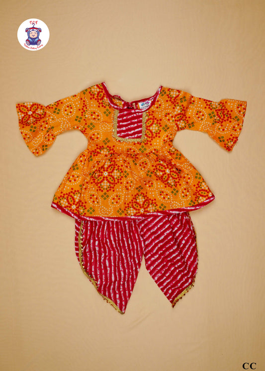 Orange & Carmine Red - Printed Kurti Dhoti Set