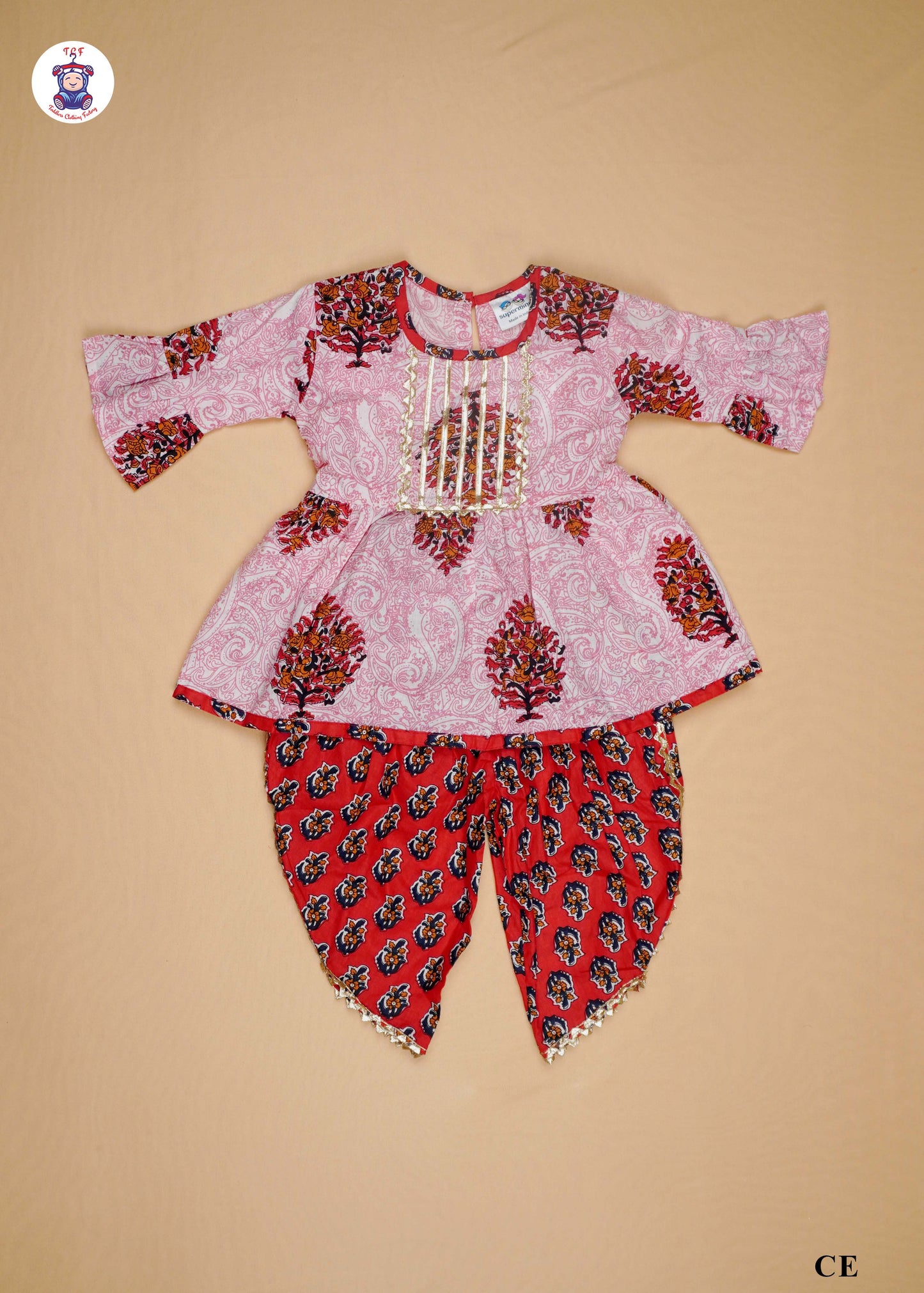 Cherry Pink & Red - Printed Kurti Dhoti Set