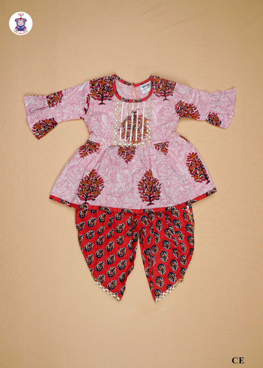 Cherry Pink & Red - Printed Kurti Dhoti Set