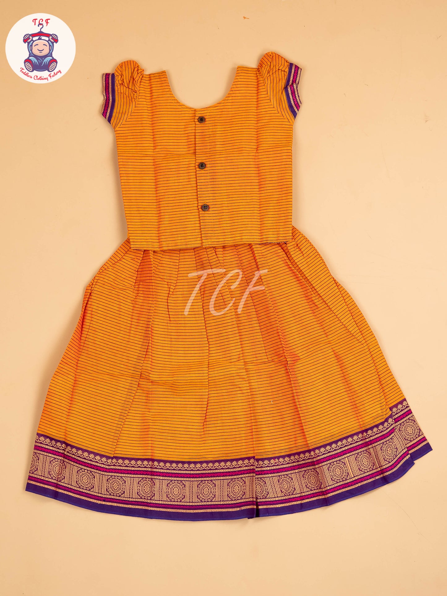 Orange & Navy Blue - Chettinad Cotton Pavadai Sattai