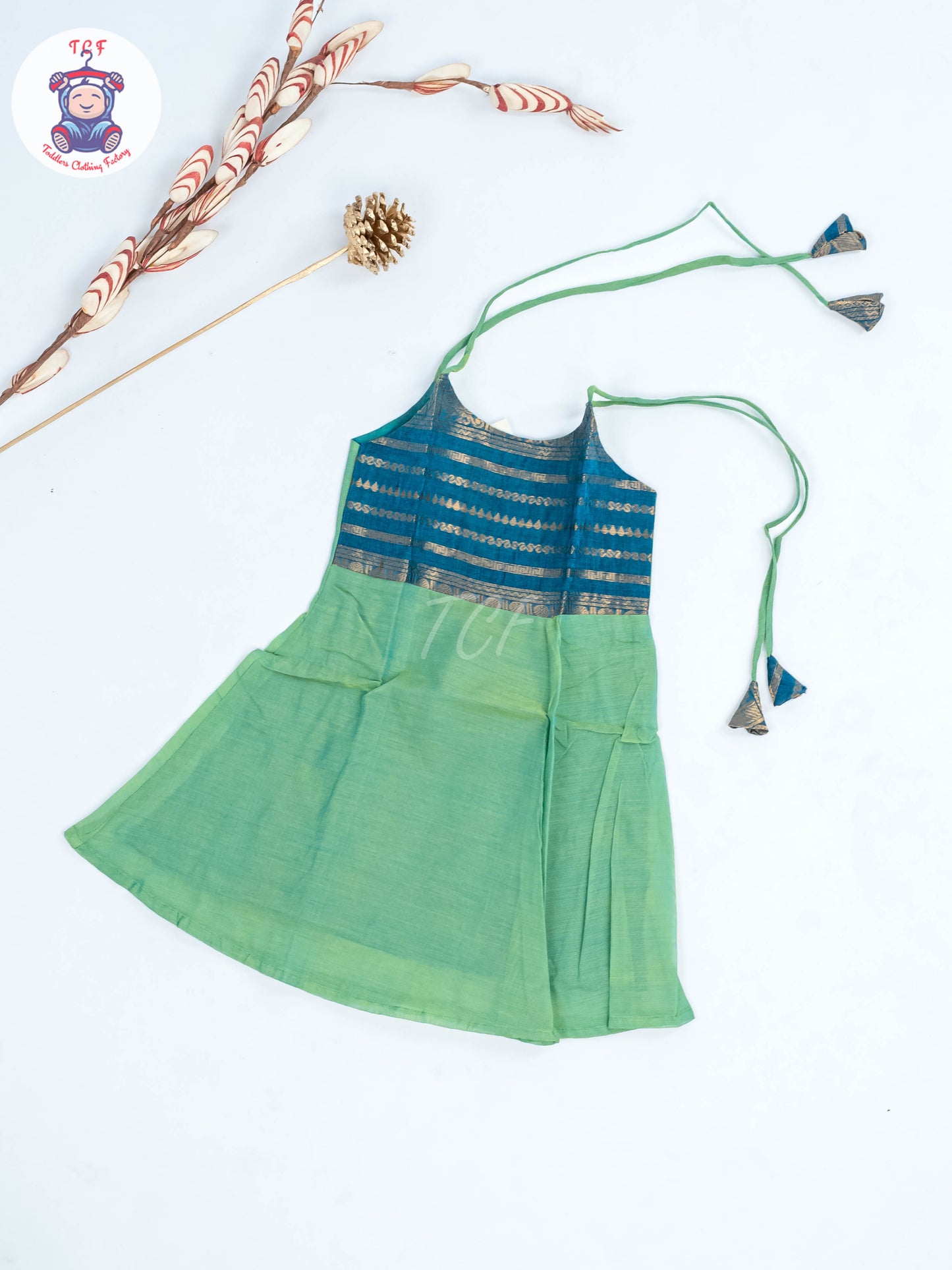 Green & Blue - Girls Chettinad Cotton Knot Frock