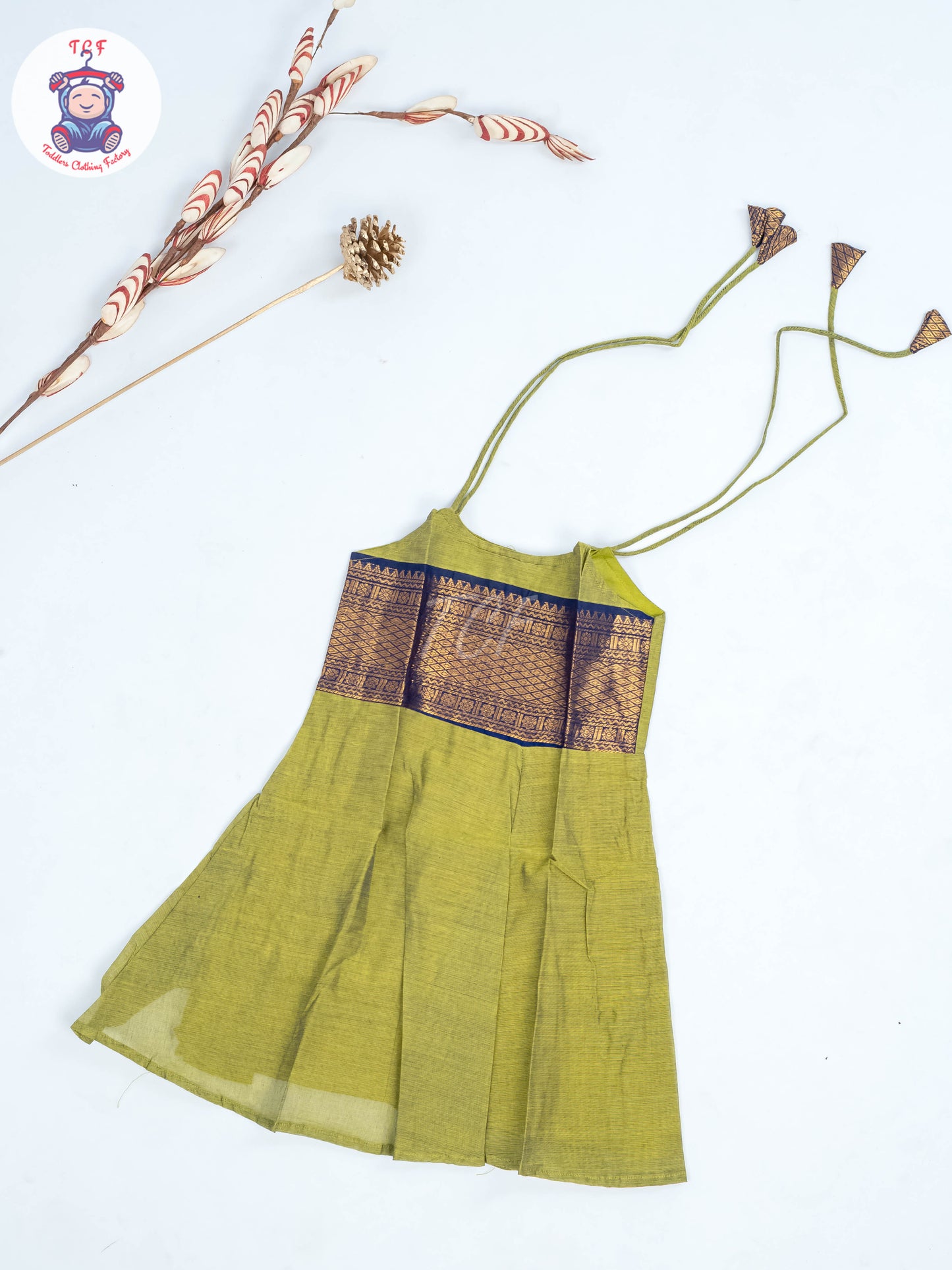 Light Green & Blue - Girls Chettinad Cotton Knot Frock