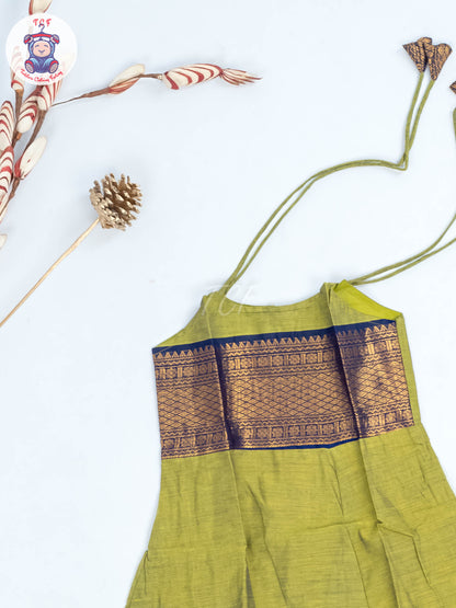 Light Green & Blue - Girls Chettinad Cotton Knot Frock