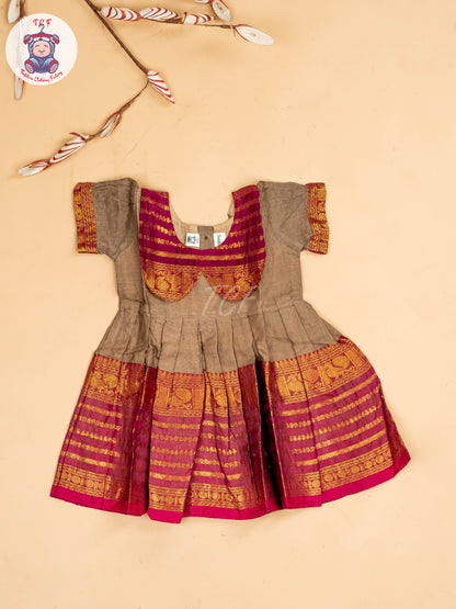 Brown & Maroon - Girls Chettinad Cotton Pan Collor Frock