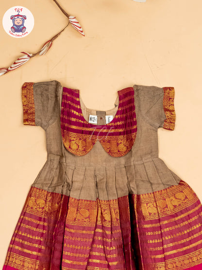 Brown & Maroon - Girls Chettinad Cotton Pan Collor Frock