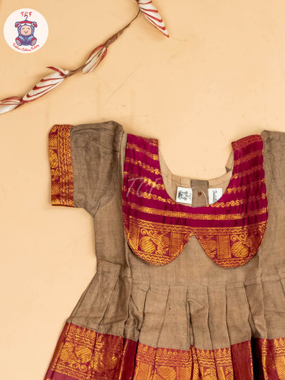 Brown & Maroon - Girls Chettinad Cotton Pan Collor Frock