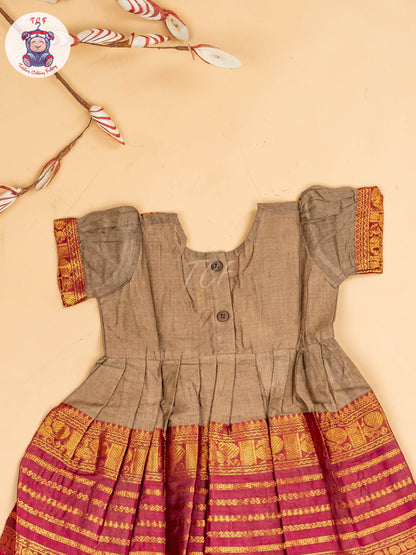 Brown & Maroon - Girls Chettinad Cotton Pan Collor Frock