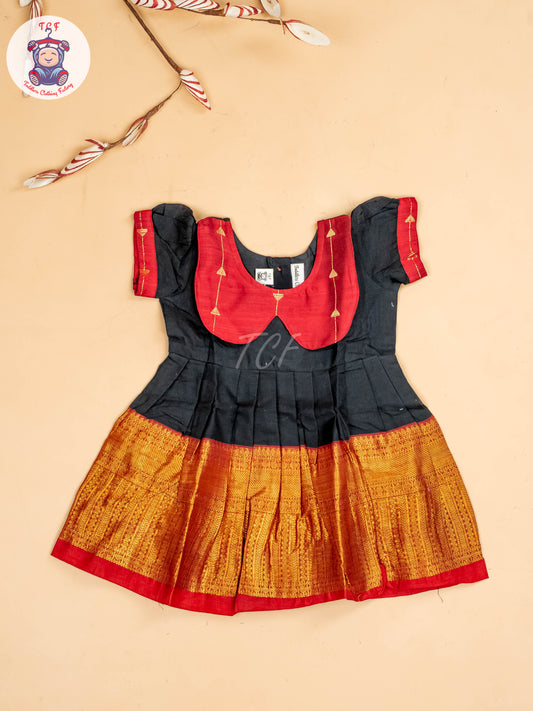 Black & Maroon - Girls Chettinad Cotton Pan Collor Frock