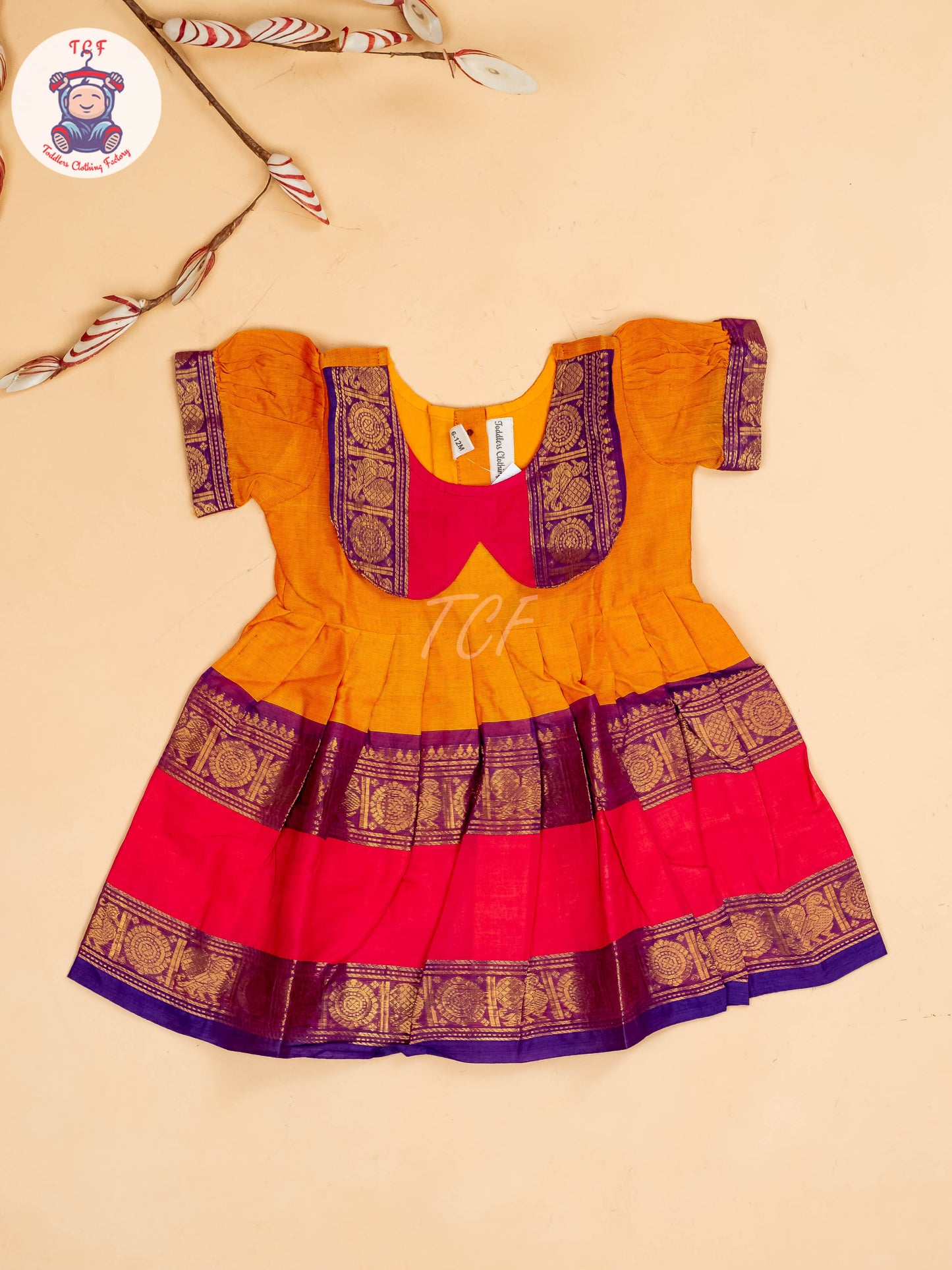 Yellow & Pink - Girls Chettinad Cotton Pan Collor Frock