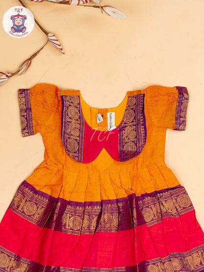 Yellow & Pink - Girls Chettinad Cotton Pan Collor Frock