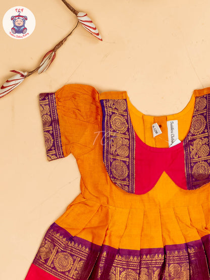 Yellow & Pink - Girls Chettinad Cotton Pan Collor Frock