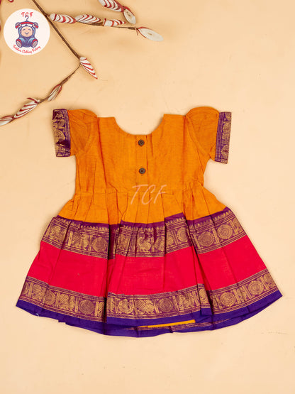 Yellow & Pink - Girls Chettinad Cotton Pan Collor Frock