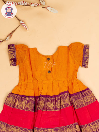 Yellow & Pink - Girls Chettinad Cotton Pan Collor Frock
