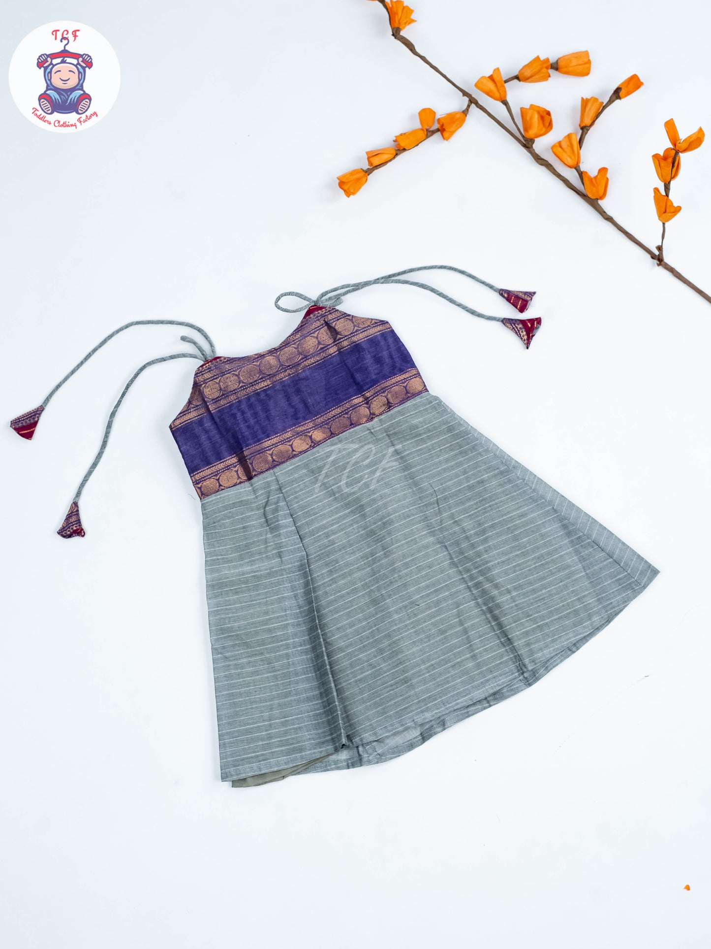 Lite Brown & Black - Girls Chettinad Cotton Knot Frock