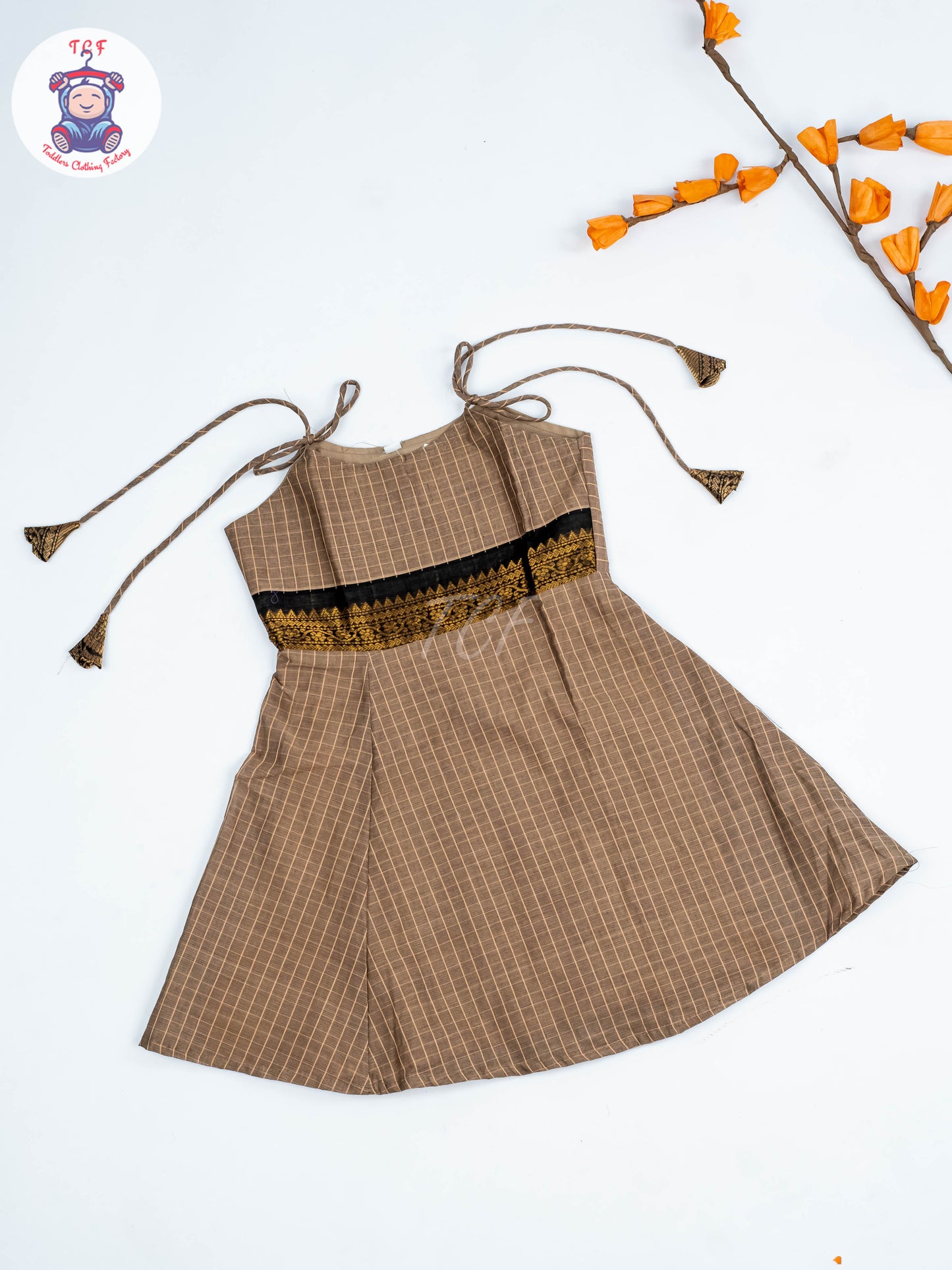 Lite Brown & Maroon - Girls Chettinad Cotton Knot Frock