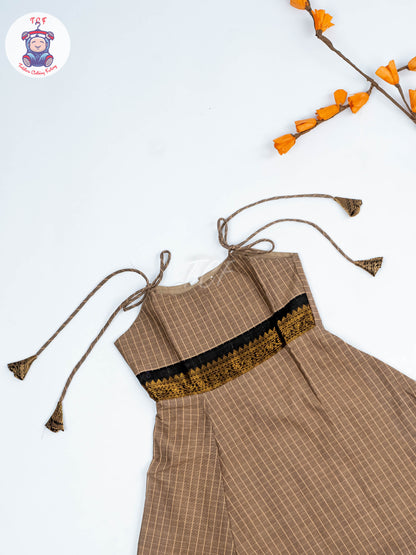 Lite Brown & Maroon - Girls Chettinad Cotton Knot Frock