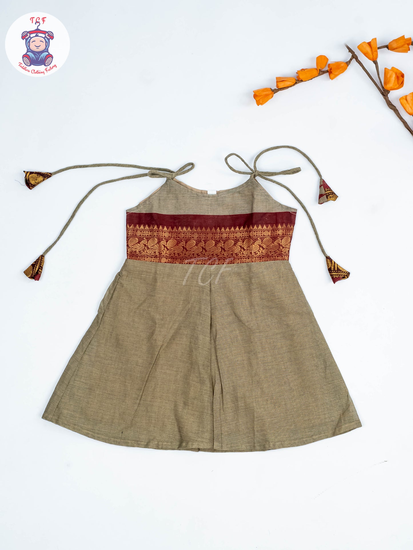 Coffee Brown & Maroon - Girls Chettinad Cotton Knot Frock