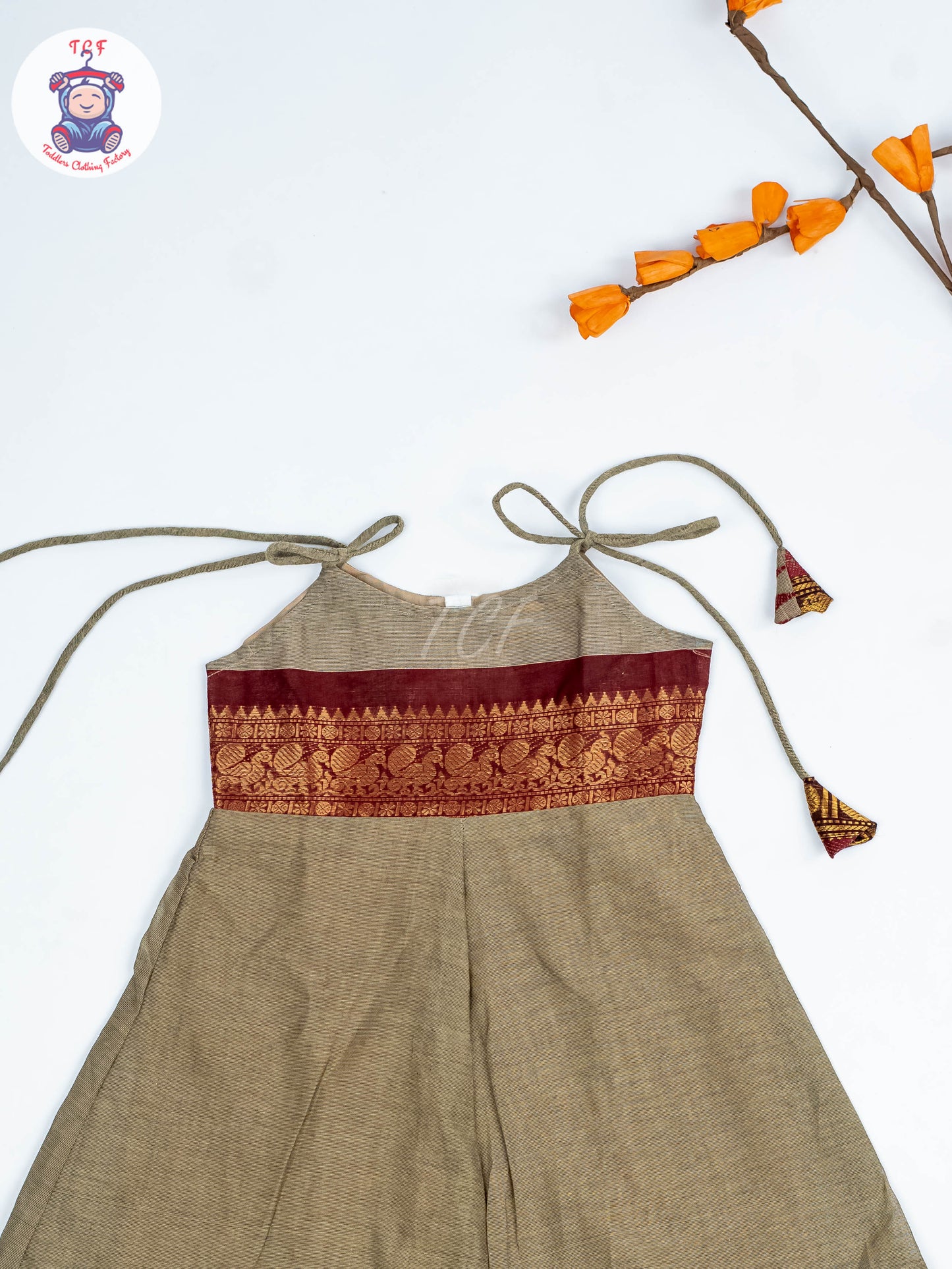 Coffee Brown & Maroon - Girls Chettinad Cotton Knot Frock