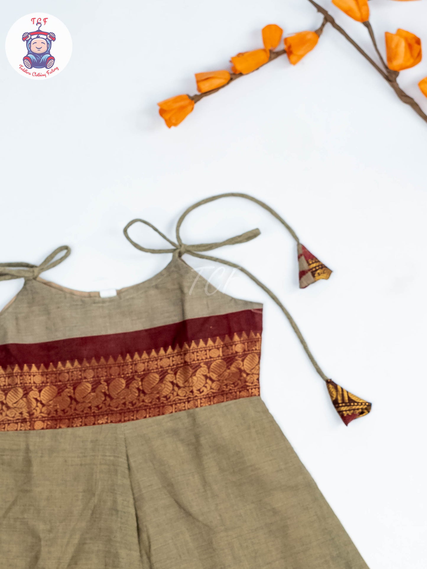 Coffee Brown & Maroon - Girls Chettinad Cotton Knot Frock