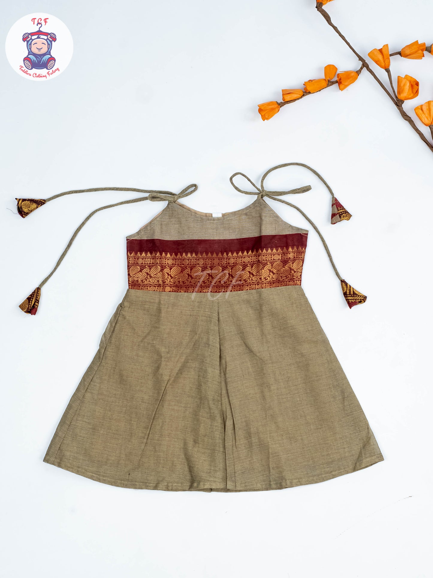 Coffee Brown & Maroon - Girls Chettinad Cotton Knot Frock