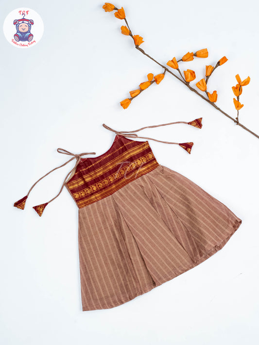 Coffee Brown & Maroon - Girls Chettinad Cotton Knot Frock