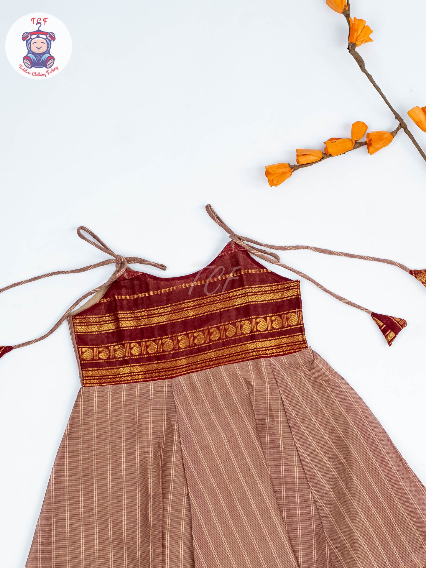 Coffee Brown & Maroon - Girls Chettinad Cotton Knot Frock
